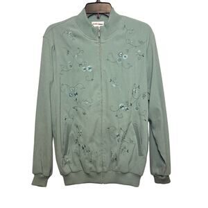 Vintage Alfred Dunner light green embroidered zip-up jacket. Size 12.